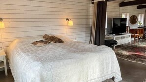 Ein Schlafzimmer mit einem Bett, einem Fernseher und einem Schreibtisch.