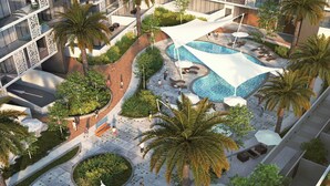 A rooftop pool area with palm trees, lounge chairs, and a white canopy. - Bloomfields Vibrant Stu in The Gate (Abu Dhabi)