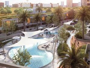 Ein modernes Resort mit einem zentralen Schwimmbad, Liegebereichen und Blick auf die Stadt.