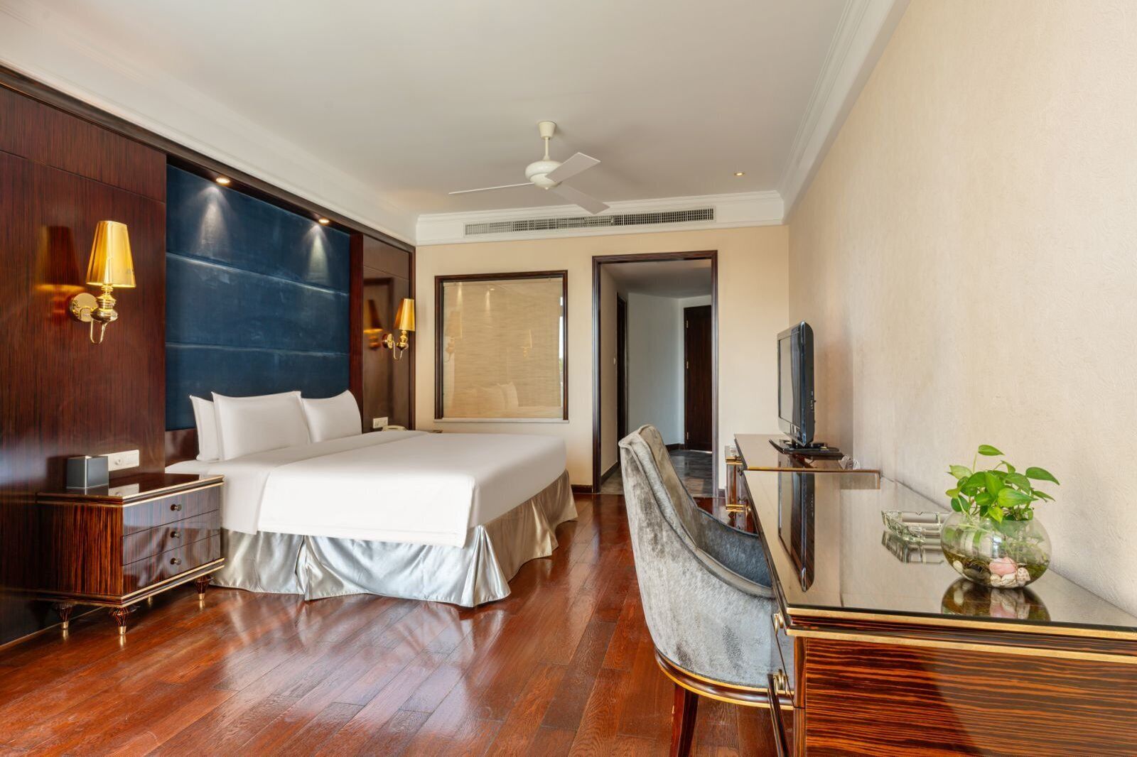 A hotel room with a bed, bedside table, lamp, TV, and a plant.