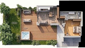 A modern apartment layout with a terrace, living room, kitchen, bathroom, and balcony. - Chalet Aris (Sankt Leonhard in Passeier)