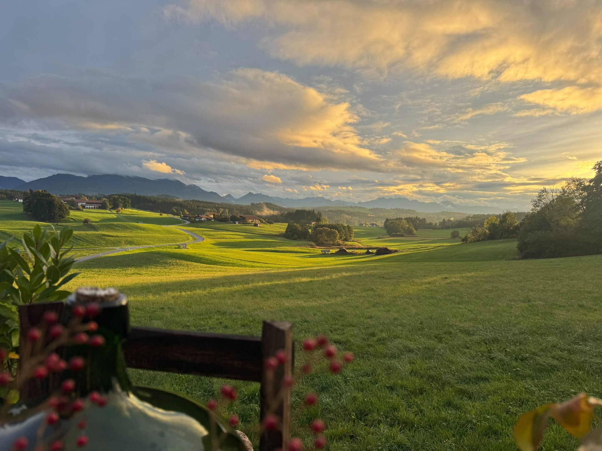 Un paysage rural avec une route, des champs et des montagnes lointaines sous un ciel nuageux.