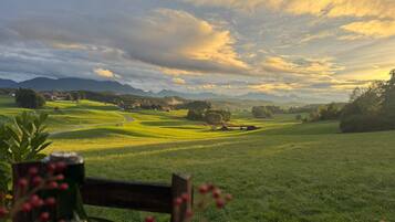 Un paysage rural avec une route, des champs et des montagnes lointaines sous un ciel nuageux.