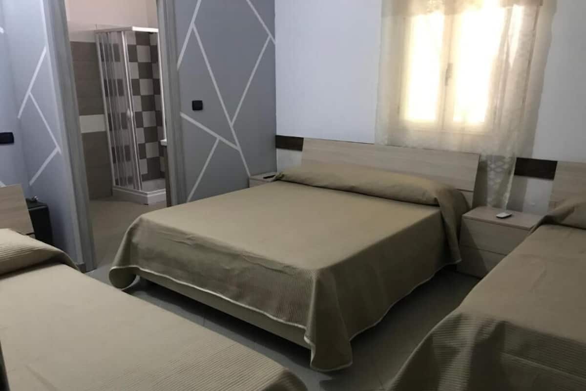 Une chambre d’hôtel avec deux lits, un espace douche et une fenêtre avec des rideaux.
