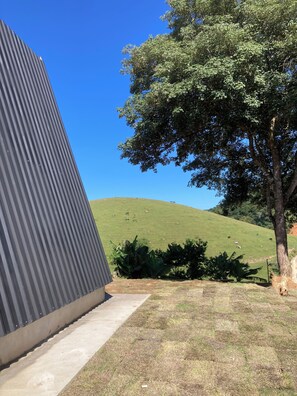 Un edificio con rivestimento in metallo ondulato, una zona verdeggiante con un albero e una collina sullo sfondo.