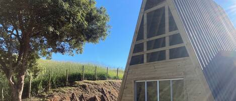 A modern, triangular wooden structure with large windows, a tree, and a grassy area with a fence and a wheelbarrow.