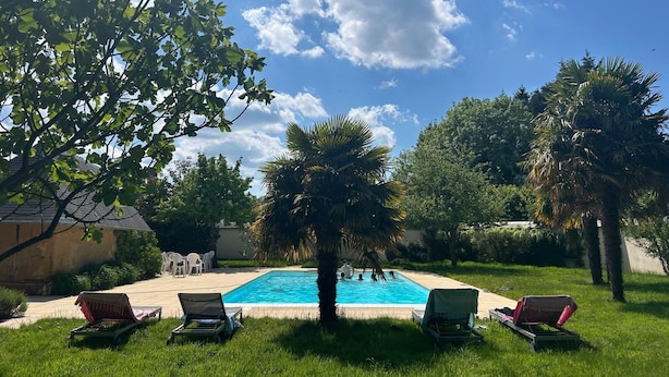 Une piscine entourée de chaises longues, de verdure et d’arbres.