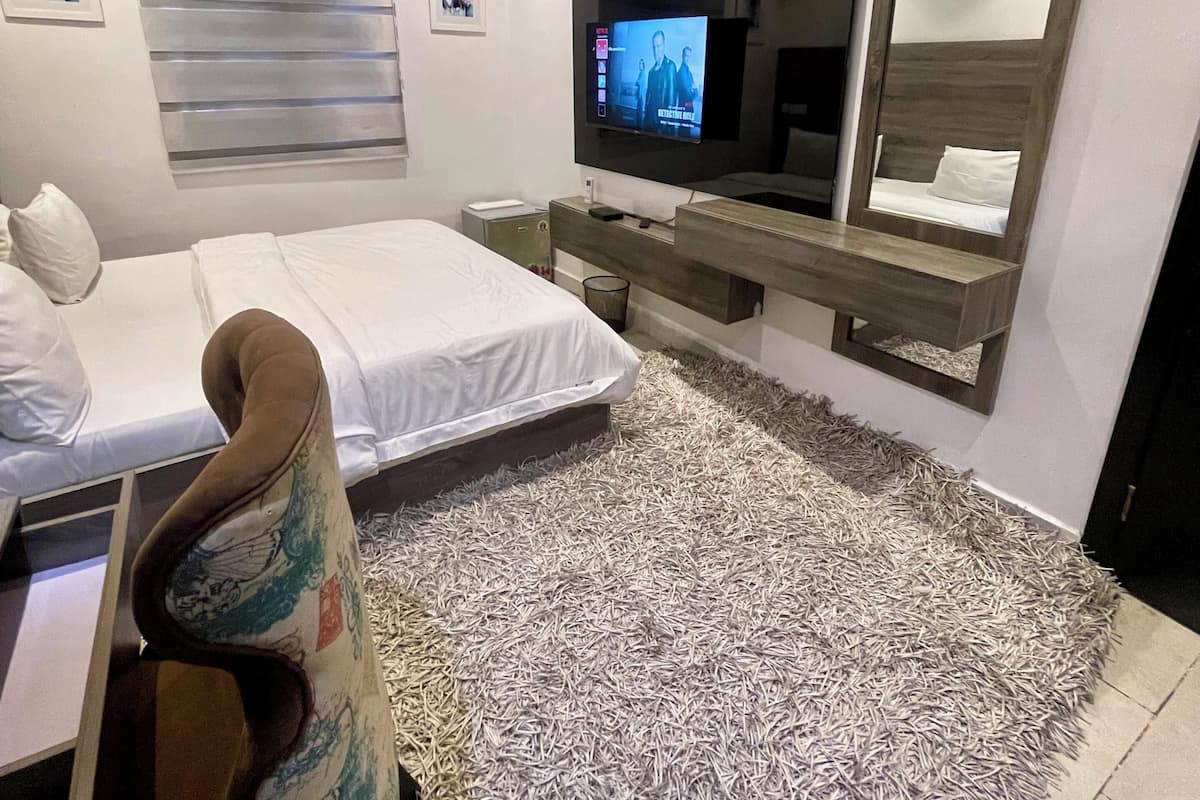 Une chambre à coucher moderne, équipée d’un lit, d’une télévision, d’un miroir et d’un tapis au motif original.