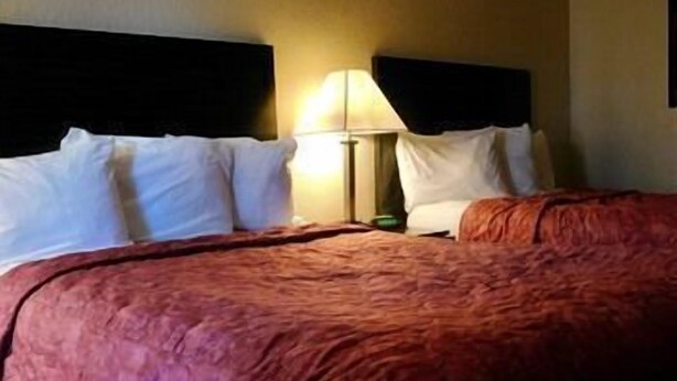 Ein Hotelzimmer mit Bett, Kissen, einer Lampe und einem Nachttisch.