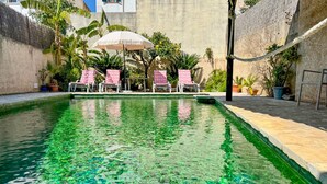 Une piscine à l’eau claire, entourée de chaises longues et de plantes en pot.