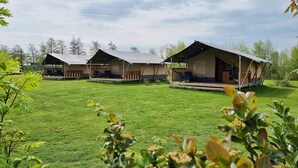Three tents with open sides and wooden decks, set on a well-maintained grassy area.
