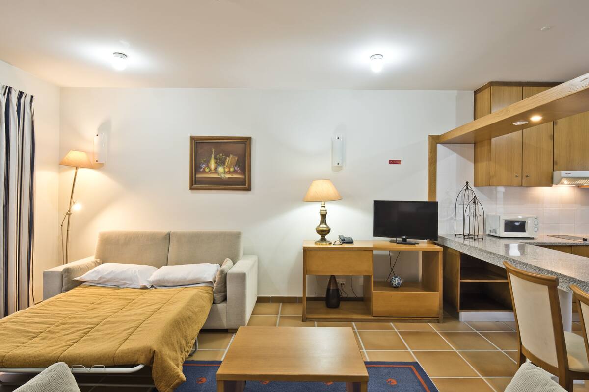 A compact hotel room with a bed, desk, television, and kitchenette.