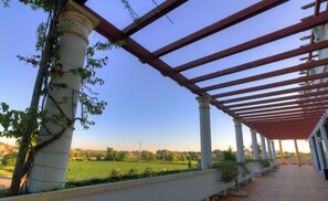 A covered outdoor area with columns and a view of a green field. - Lam Hotel Estarreja (Estarreja)