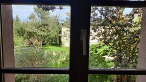 A window with a view of a garden, including various plants and a building in the background. - Spacious, two-bedroom garden apartment. Free gated parking. (Český Krumlov 1)