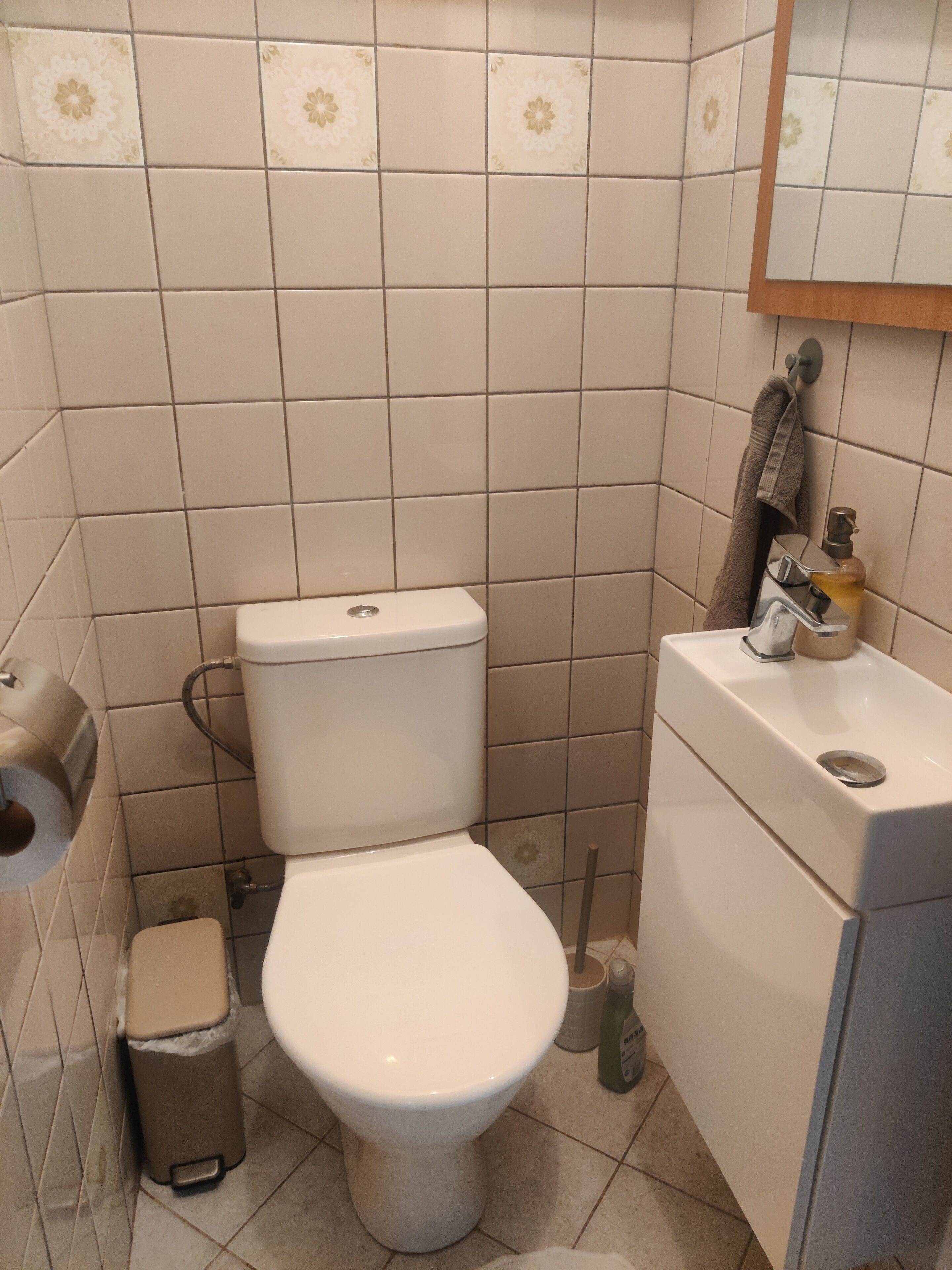 A bathroom with a toilet, a trash bin, a sink, and a mirror.