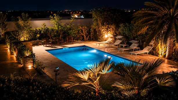 Ein rechteckiger Pool mit Liegestühlen und einem Kiesweg.