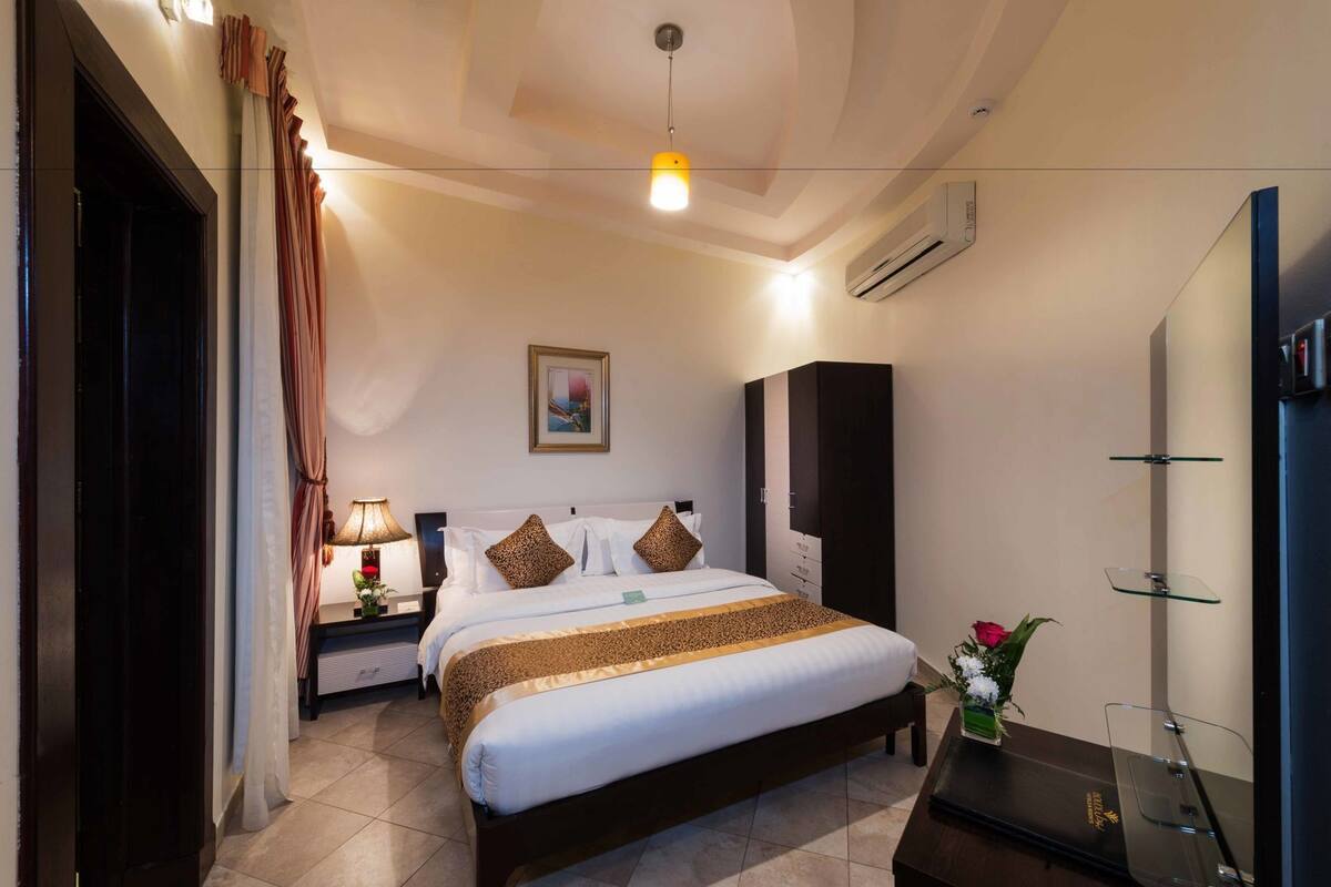 A hotel room with a bed, bedside table, lamp, air conditioning unit, wardrobe, mirror, and a potted plant.