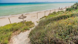 Uma praia com um guarda-sol de palha, trilho arenoso e vegetação.