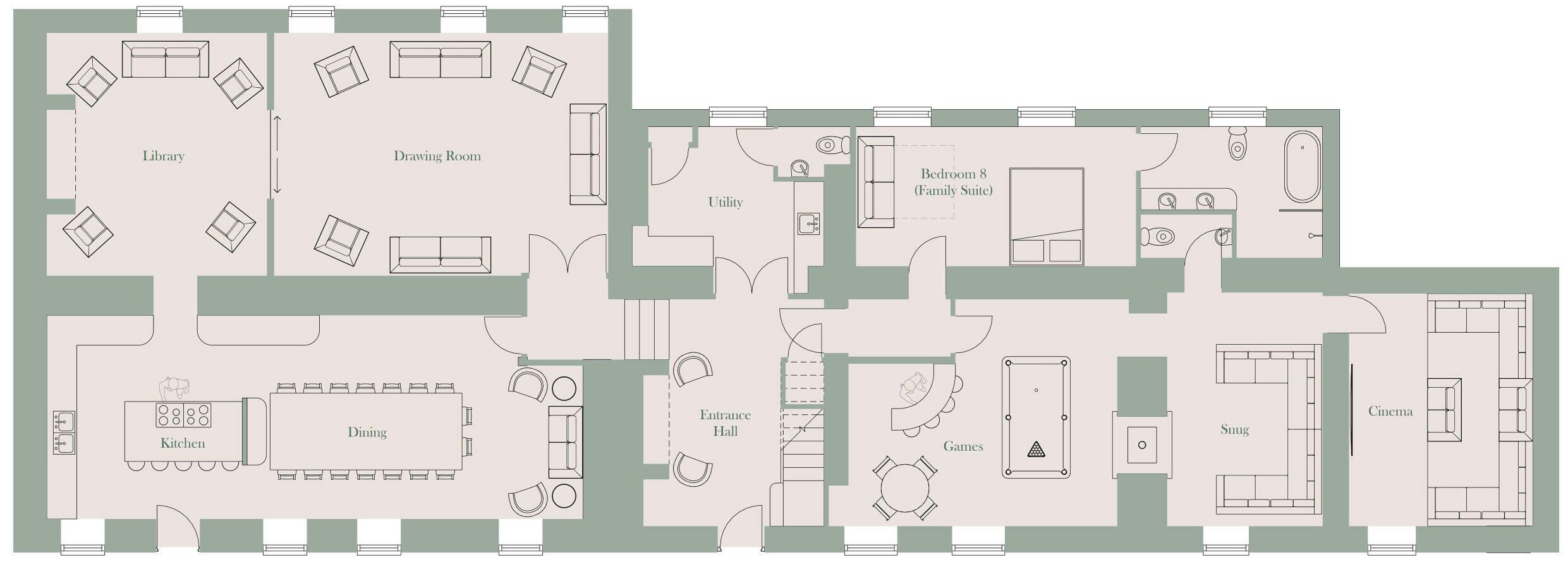 Distribución de un hotel que incluye una biblioteca, un salón, comedor, cocina, vestíbulo de entrada, sala de juegos, cine y un rincón acogedor.