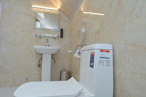 Secadora de cabello, toallas, jabón, papel de baño 