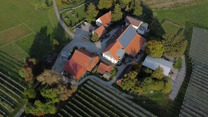 An aerial view of a residential area with multiple houses, a parking lot, and surrounding greenery. - Apartment 'Wiesenduft Hof Schütterle' with Lake View, Private Terrace & Wi-Fi (Friedrichshafen)