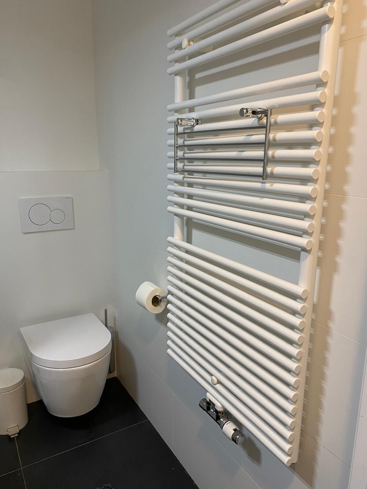 A bathroom with a white toilet, a towel rack, and a toilet paper holder.