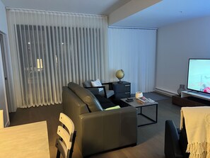 A modern living room with a sofa, a coffee table, a TV, and a globe on a side table. - Monthly rentals only in the center of old Quebec City (Québec)