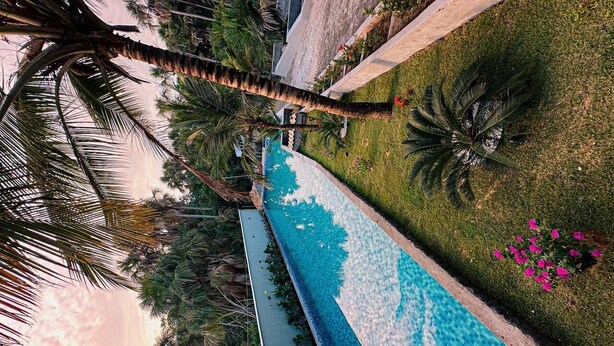 A long swimming pool with a tiled edge, surrounded by palm trees and grass. - VASTO HORIZONTE TURISMO (Barreirinhas)