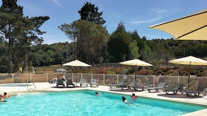 A swimming pool with lounge chairs and umbrellas, surrounded by a fence and trees. - Villa (Malansac)