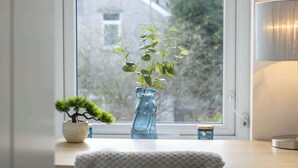 A window with a view of trees, a blue vase with a plant, a small potted plant, and a lamp on a table. - Bright 3BR Duplex Steps from Shops & Dining (Cardiff)