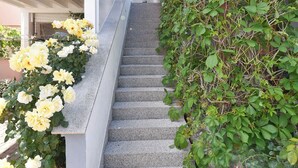 Una escalera con barandilla de hormigón, rodeada de follaje y flores amarillas.