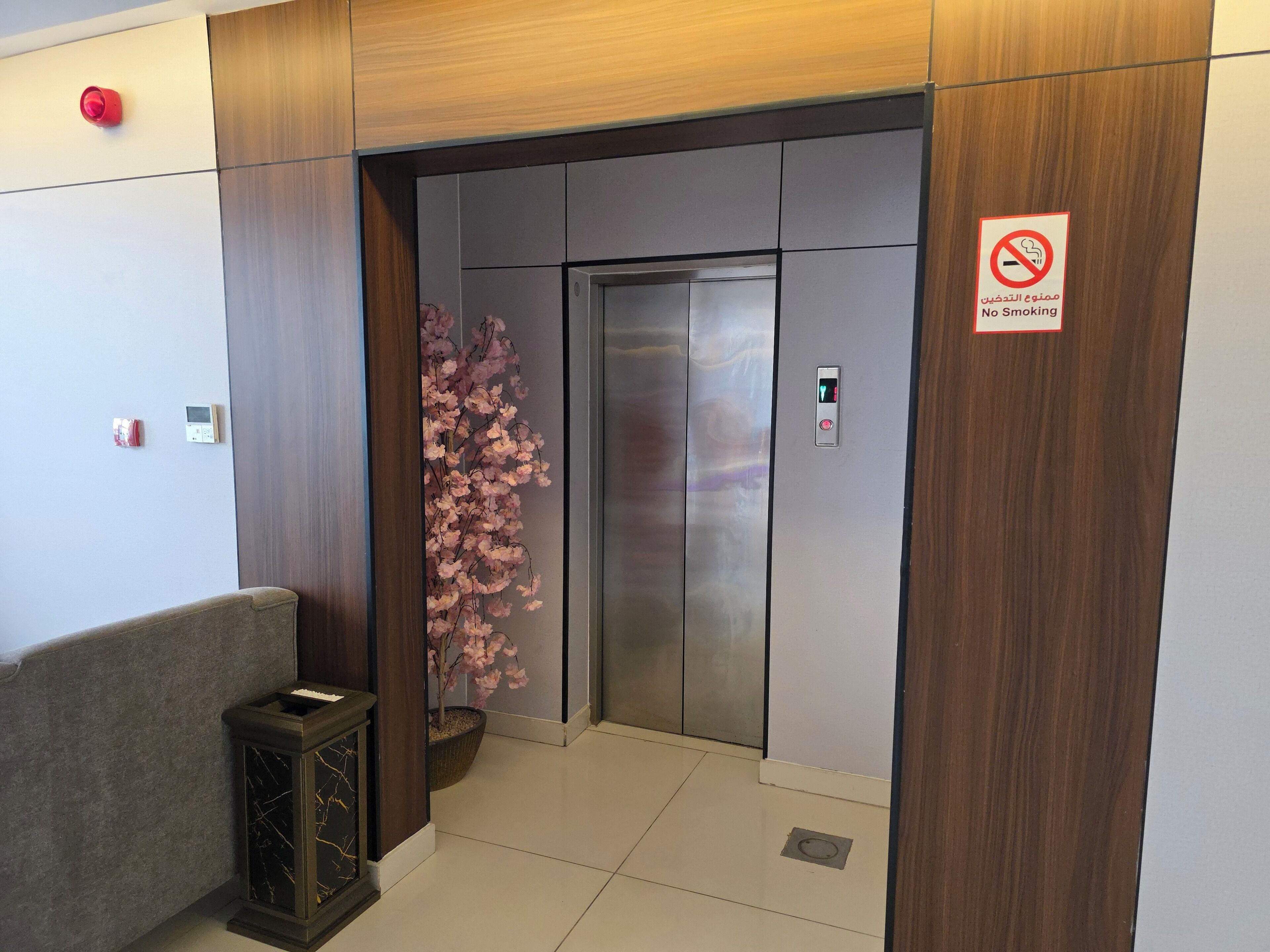 En elevator med et rygeforbudsskilt, et digitalt display og et pottekirsebærtræ.