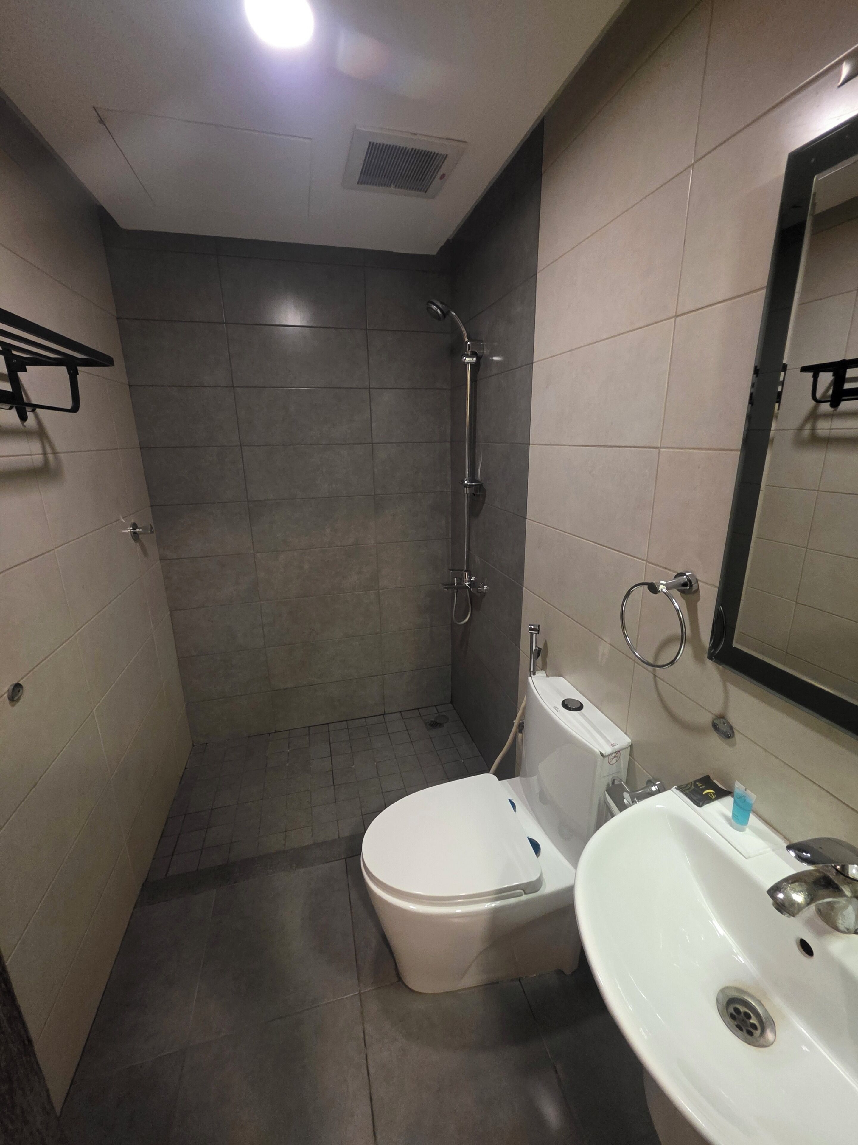 A small bathroom with a toilet, sink, and shower.