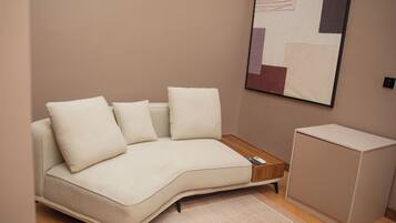 A modern living room with a sofa, a coffee table, a rug, and a radiator.