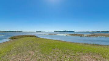 A clear view of a lake with a grassy shoreline and distant trees.