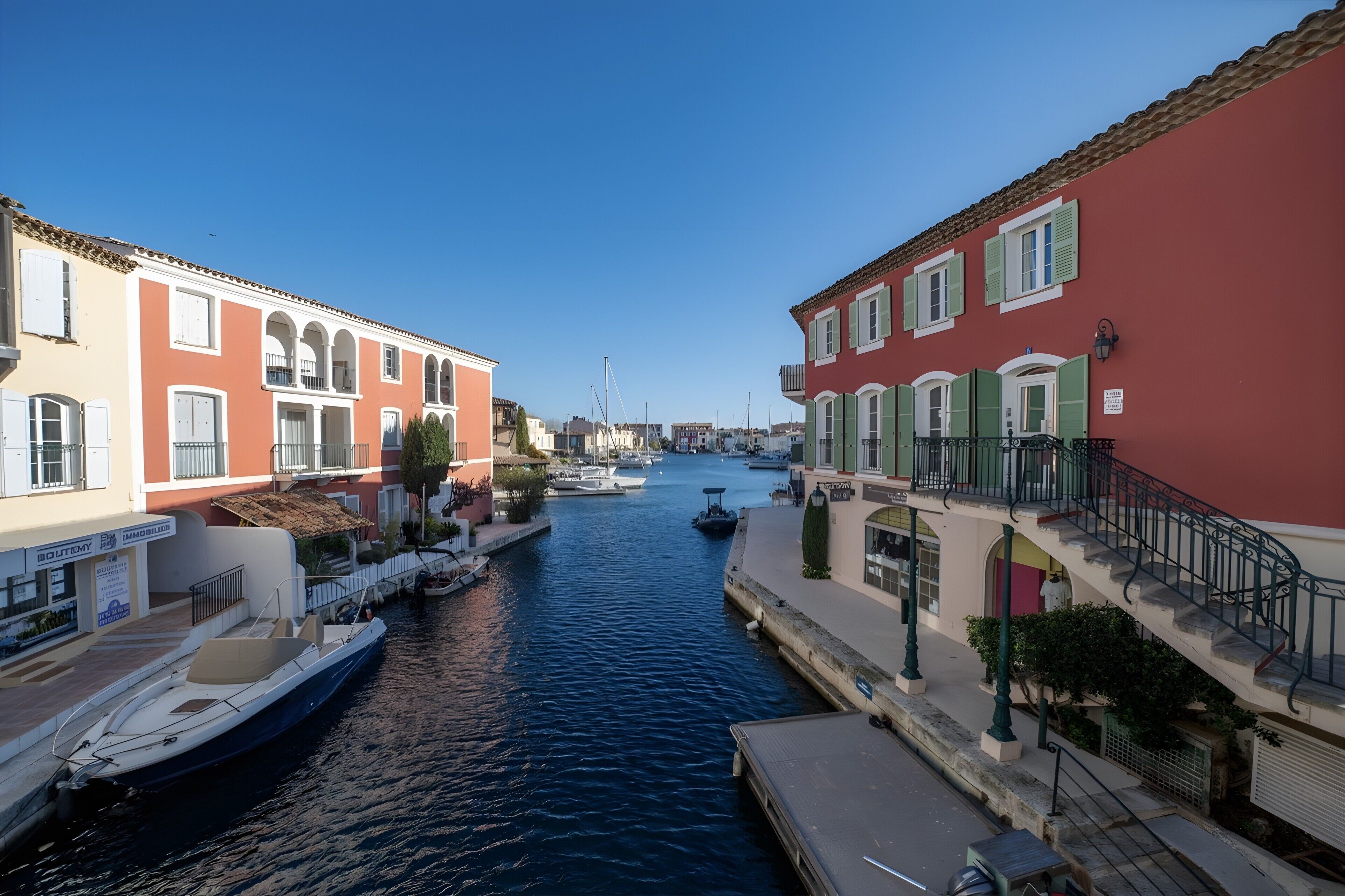 A canal with boats docked on the left, buildings with balconies on the right, and a clear blue sky above.