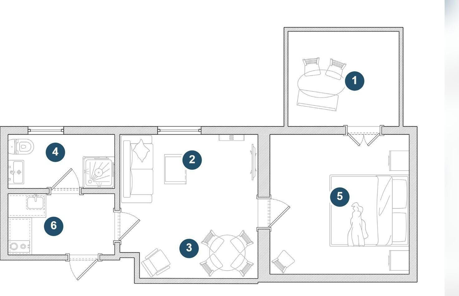 Plànol que mostra 6 habitacions, incloent un bany, cuina i un dormitori amb llit.