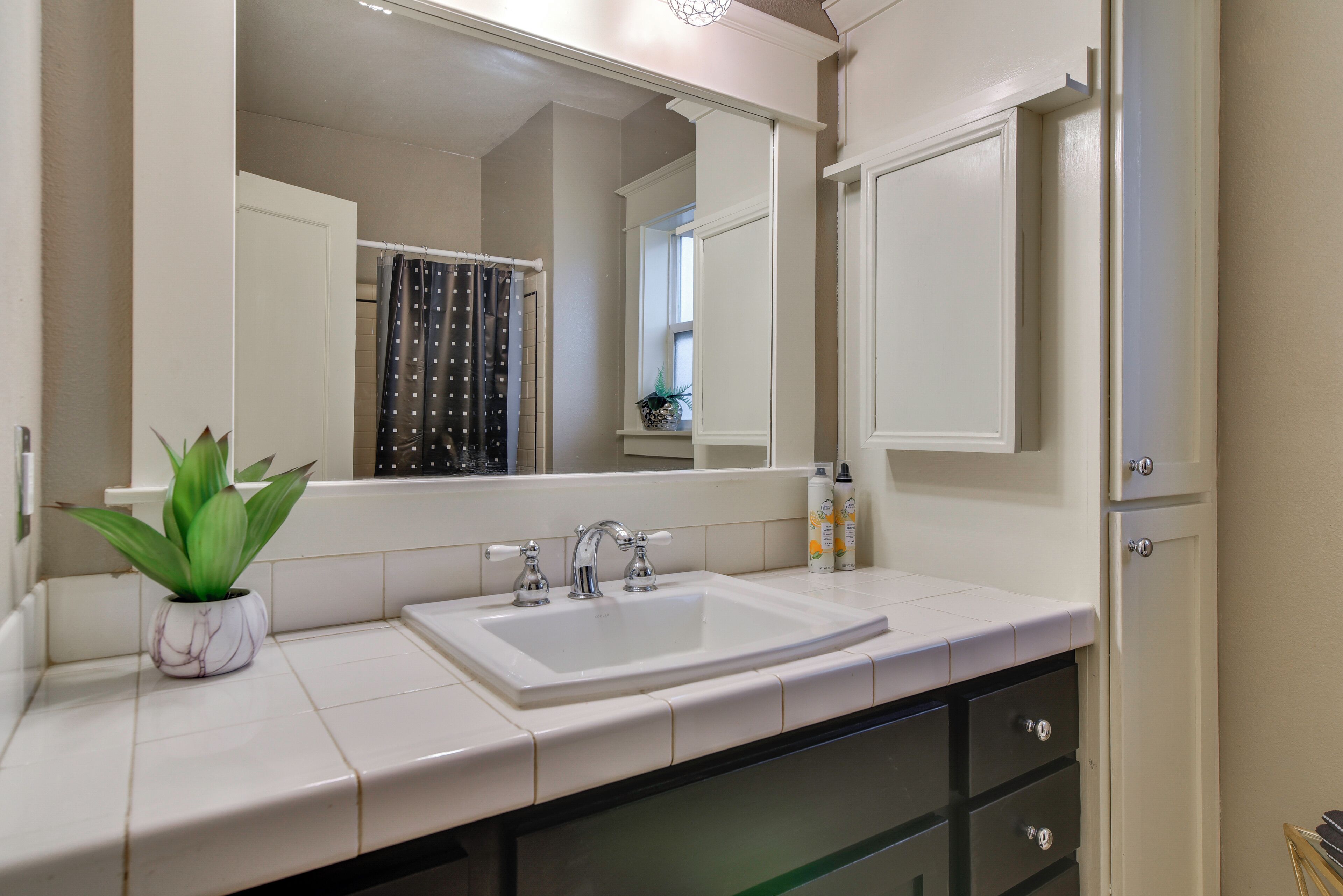 A bathroom with a white sink, a mirror, a potted plant, and a shower curtain.