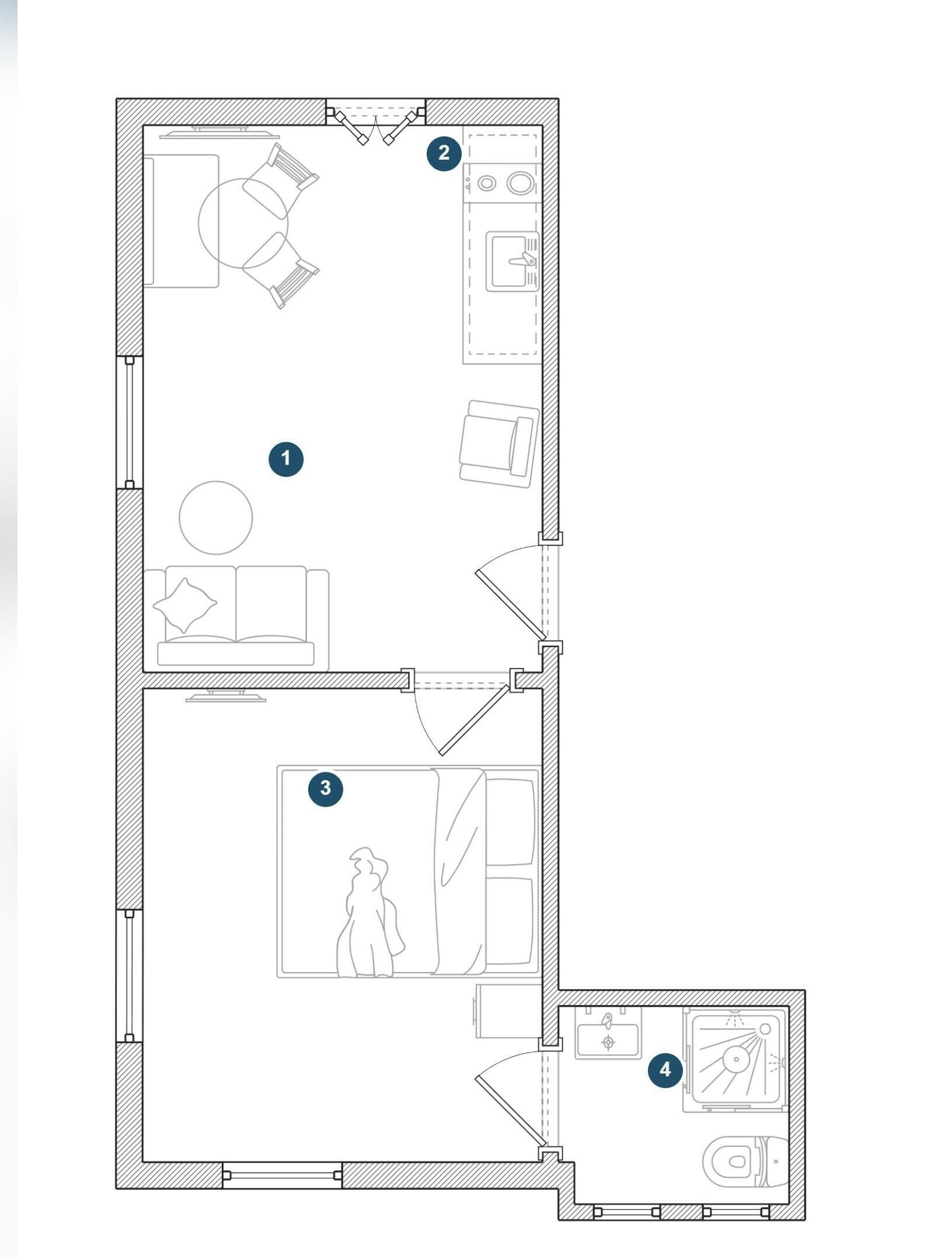 A floor plan with four distinct areas, each marked with a number. Area 1 includes a desk and chair, area 2 features a kitchen with a sink and stove, area 3 shows a bathroom with a toilet, and area 4 depicts a small bathroom with a sink and toilet.