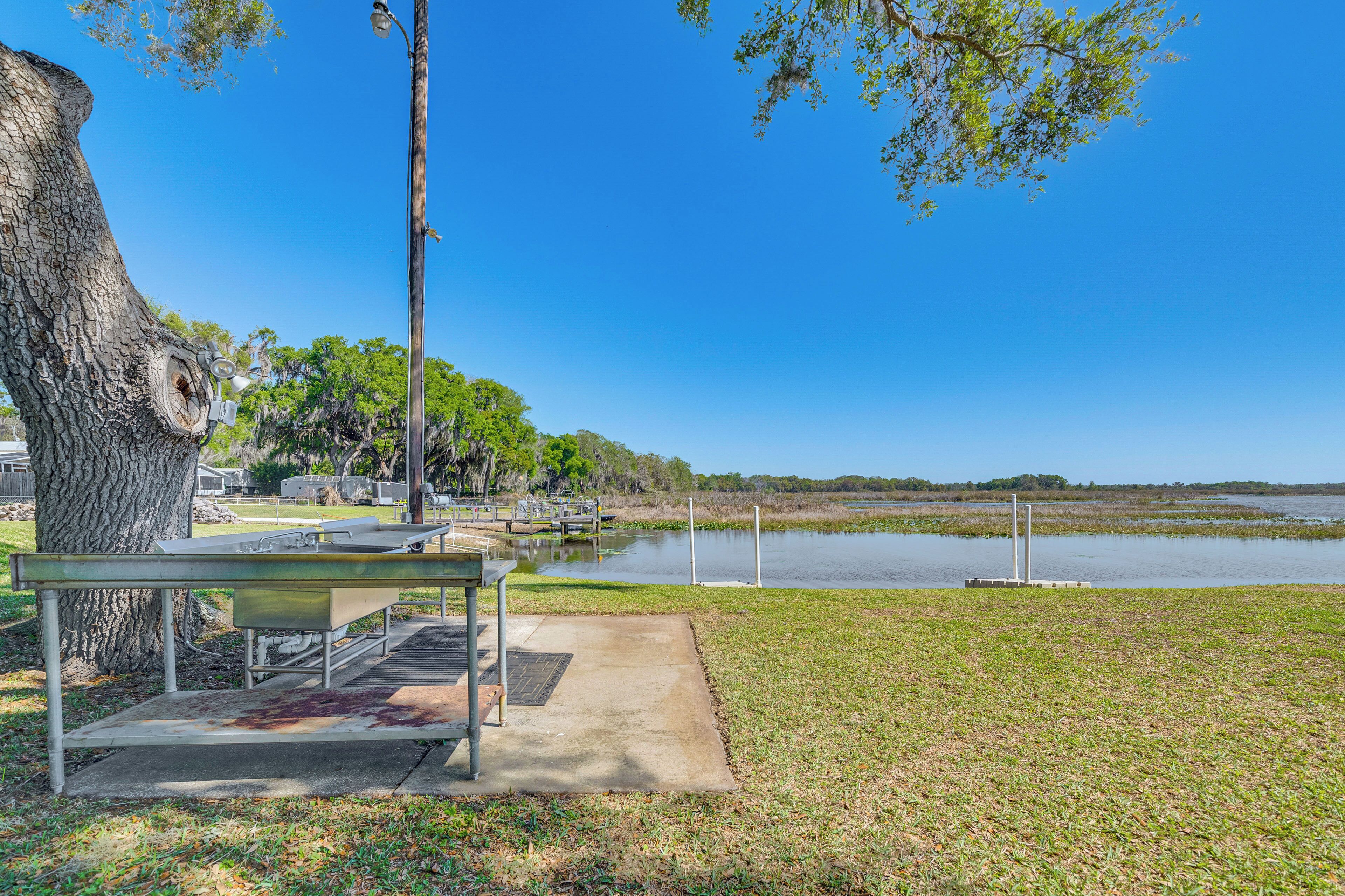 A picnic table with a metal frame and a bench, a large tree, and a body of water in the background.