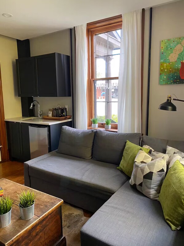 A modern living room with a grey sofa, a small wooden table with plants, a kitchen area with dark cabinets, and a window with curtains.