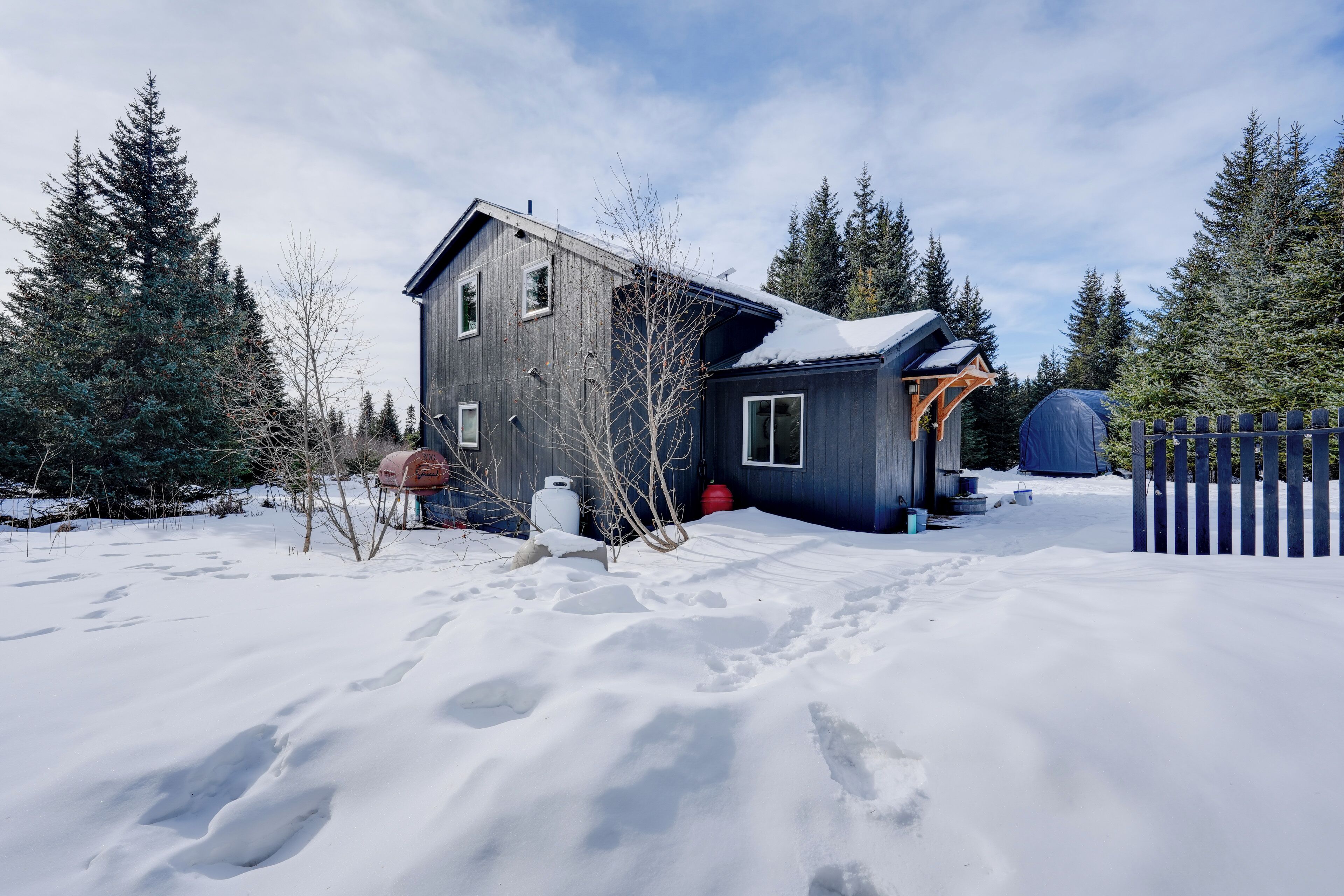 Une maison en bois avec une cour enneigée, entourée d’arbres à feuilles persistantes.