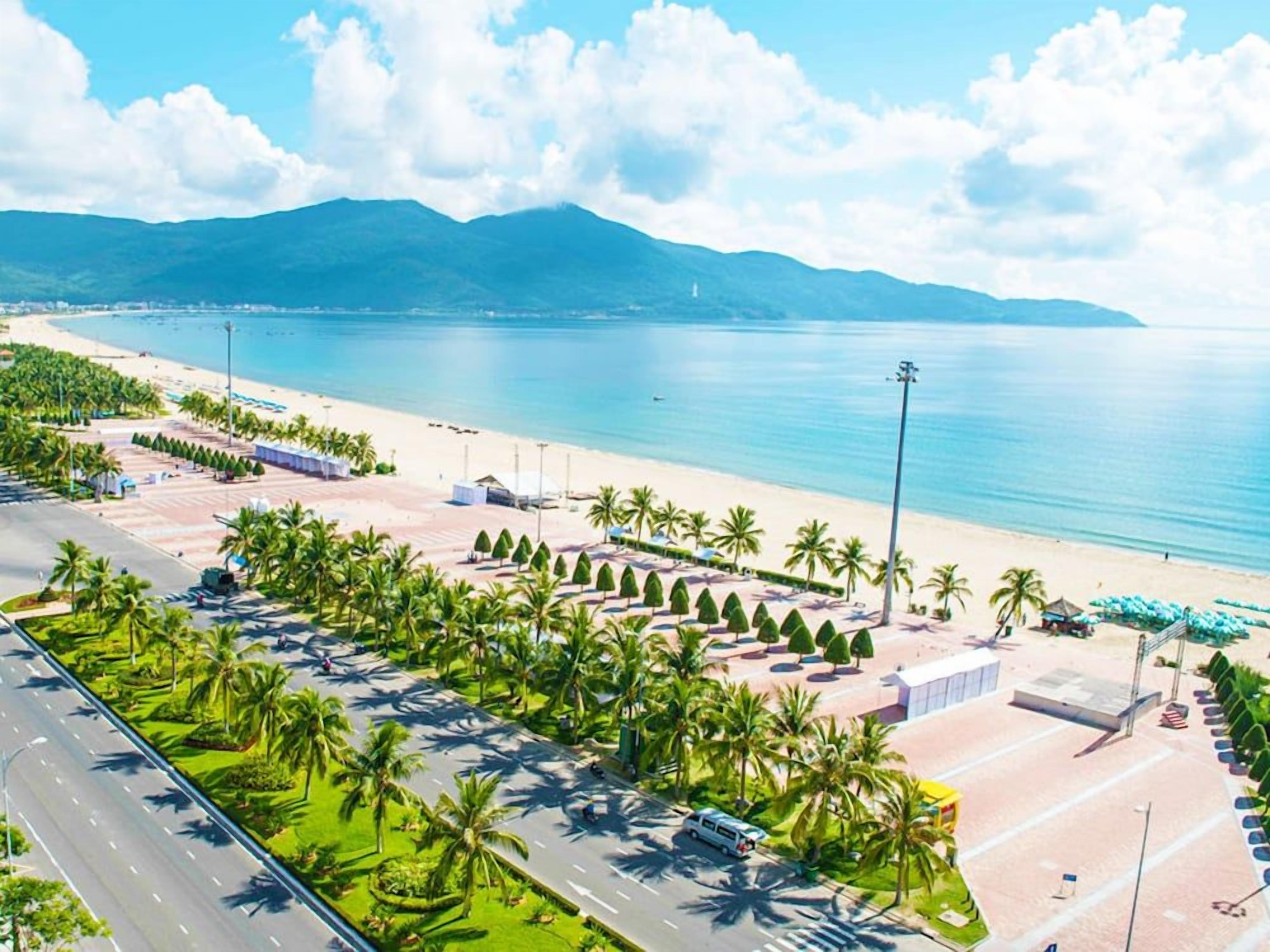 A coastal road with palm trees and a beach in the background.