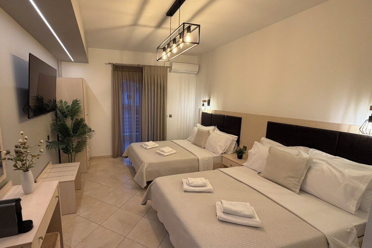 Une chambre d’hôtel avec deux lits, un bureau, une télévision et une plante.