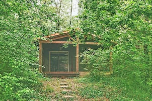 Una cabaña rodeada de un bosque frondoso, con fachada de madera y una puerta de cristal.