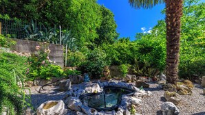 Un giardino con uno stagno, rocce e diverse piante.