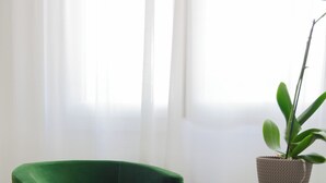 Une chaise verte, une table noire et une plante en pot.