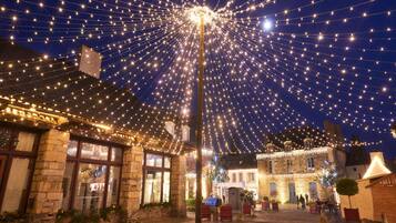 Une cour pavée de pierres, avec un lampadaire et des guirlandes lumineuses.