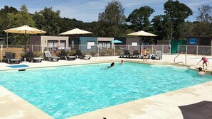 A swimming pool with lounge chairs and umbrellas, surrounded by a fence and trees. - Villa (Malansac)