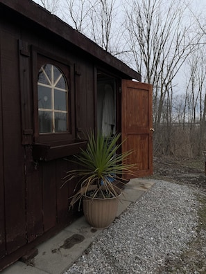 Un edificio de madera con una ventana, una puerta y una planta en maceta.
